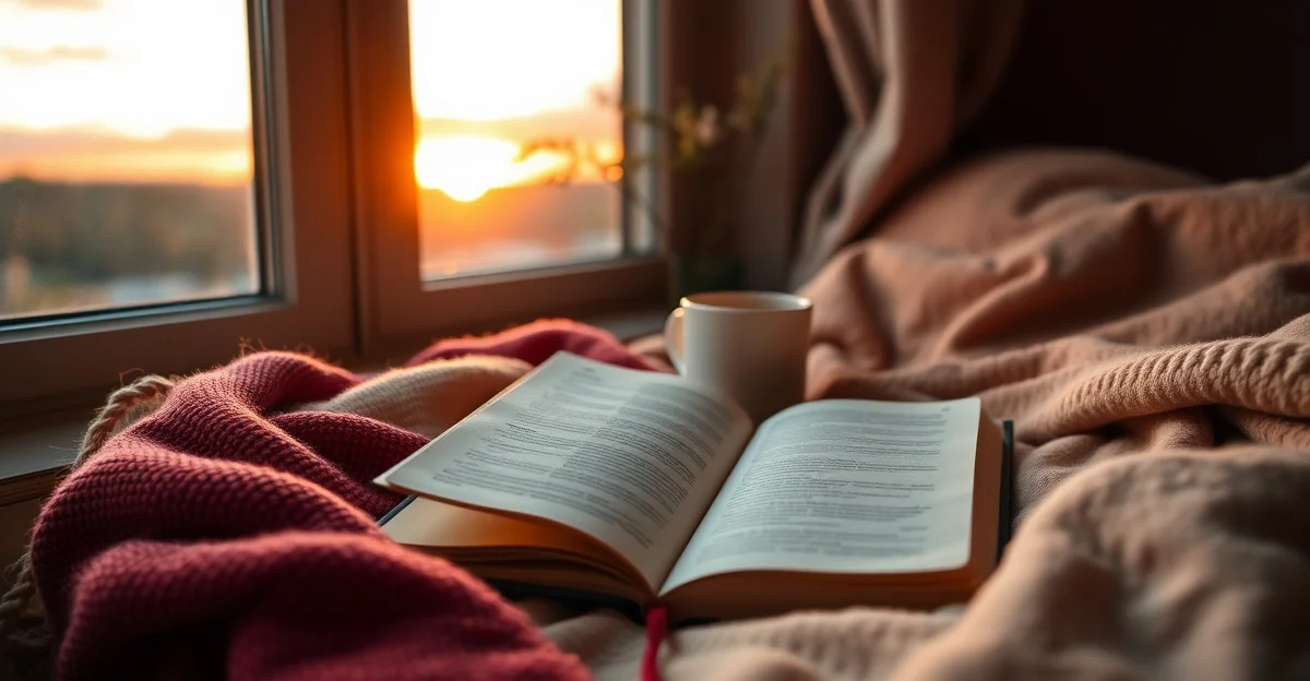a misty morning with an open book and steaming coffee