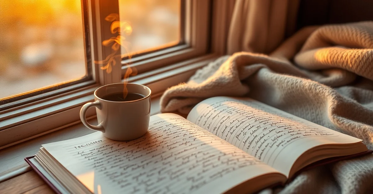 an open journal on a wooden desk with morning light