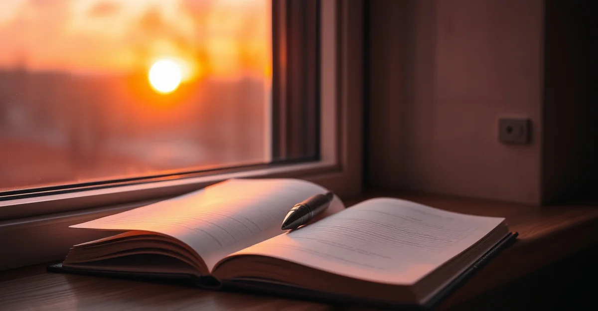 an open journal with a pen on a wooden desk, morning light streaming through a window