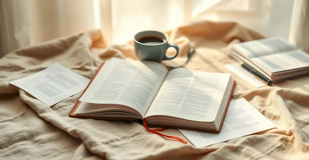 a cozy window seat with tea and an open notebook