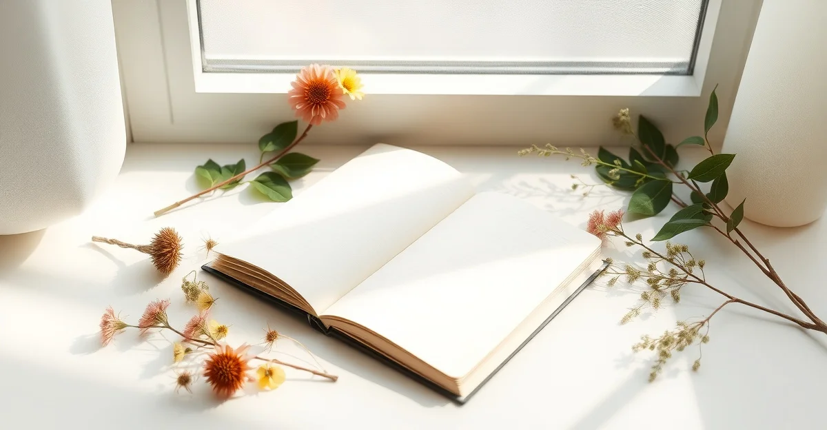 an open journal on a wooden desk with morning light